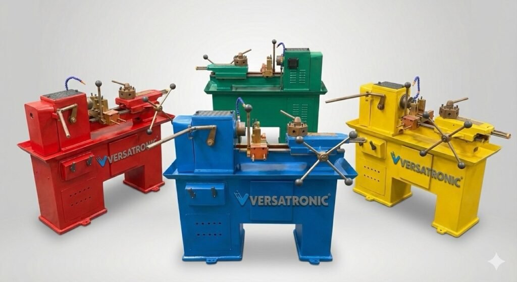 Visão detalhada de um torno com torre revólver em operação